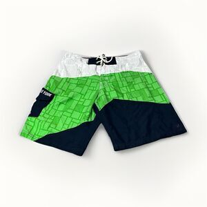 Zoo York Men's Board Shorts Green Black White Geometric Size 33 Drawstring